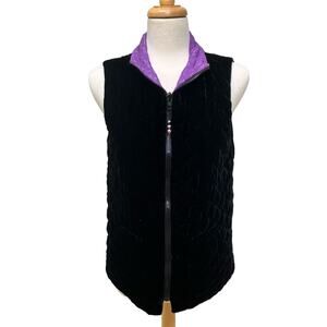 Coldwater Creek Vest Sz S Velvet Silk Reversible Zip Black Purple Quilted Mature